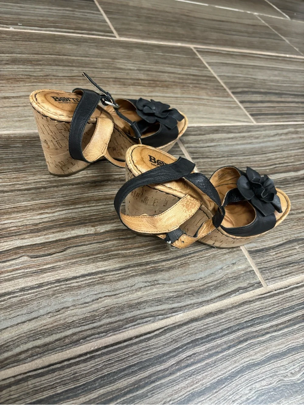 Born Wedge Sandals with Floral Accent - Black and Cork